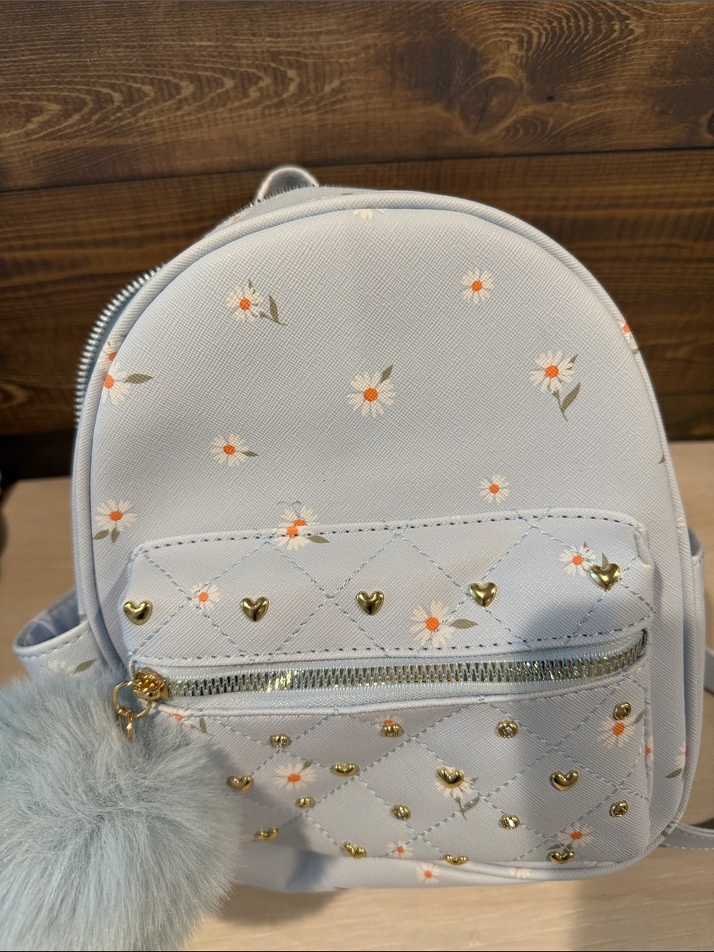 Kids Light Blue Daisy Mini Backpack with Pom Pom